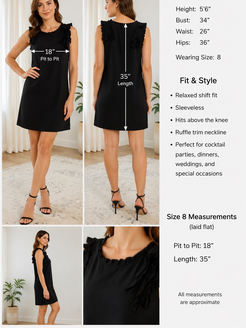 BR Black Silk Shift Dress Size 8 Ruffle Trim Sleeveless Lined Cocktail Chic